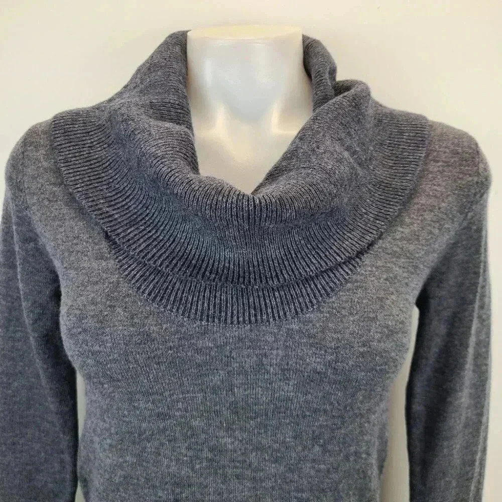 BCBGMaxAzria Steel Blue Gray Navy Fit Flare Art Deco Cowl Neck Sweater Dress XS - Picture 2 of 14